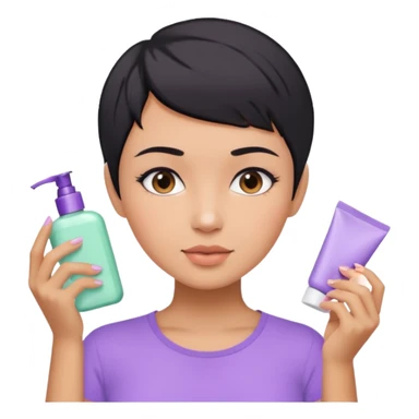 tan girl with pastel purple shirt with black hair & a pixie, doing her skin care sticker