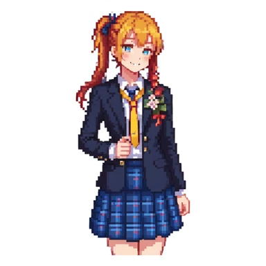 cheerful high school girl with orange side ponytail and yellow ribbon, blue eyes, navy blazer, red ribbon, blue plaid skirt, standing in a school courtyard with cherry blossoms, spring breeze, energetic smile sticker