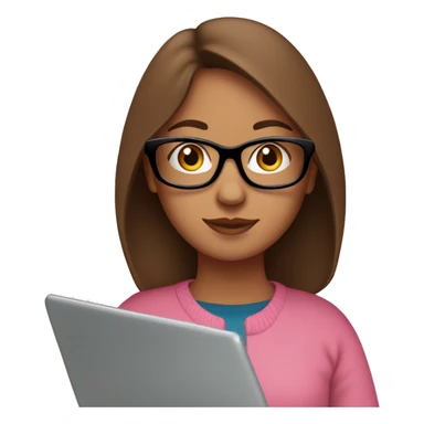 Girl with straight brown hair and black glasses frame and in pink sweater working behind laptop sticker