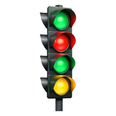 Traffic signal with green light illuminated. Top light red and dark. Middle light is yellow and dark. Bottom light is green and bright sticker