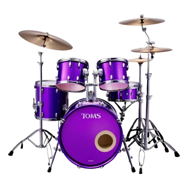 Create a bold and striking emoji representing Lars Ulrich’s Tama Starclassic drum kit. The design should feature a glossy, purple drum set with sparkling glitter accents, showcasing the bass drum, snare, toms, and multiple cymbals. The drums should have a polished, shiny surface, emphasizing the gleaming purple color with a metallic sheen. Add subtle details like sound waves or musical notes emanating from the kit to symbolize the intense rhythm and power of Lars' drumming. Use a mix of deep purples, silvers, and chrome finishes to reflect the signature look of the Tama Starclassic. The background should be transparent. sticker