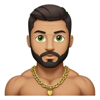 green eyes, dark short hair, muscular shoulders, wide cross, gold chain, big lips big nose big eyes, masculine good looking, dark beard sticker