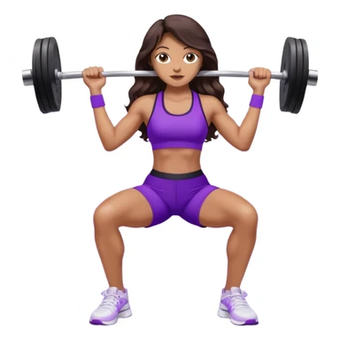 mujer de tez trigueña, con cabello castaño oscuro ondulado no muy marcado, hasta la cadera super largo estilizado, con ropa deportiva morada/lila, tenis blancos deportivos y levantando una pesa sticker