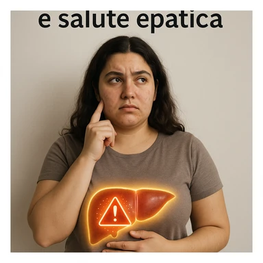 realistic illustration of a woman with PCOS, liver area highlighted with glowing halo and alarm symbol, thoughtful expression, neutral background, Italian text: 'PCOS e salute epatica', 4K quality sticker