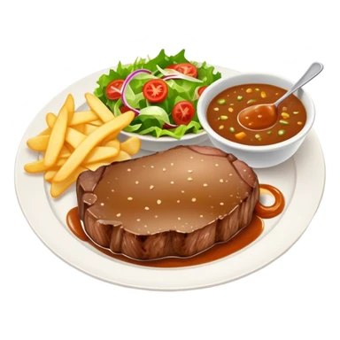 big juicy australian steak meal featuring chips, small salad in a ramikan and gravy in a small bowl on the plate sticker
