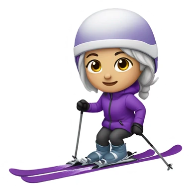 Cute girl skiing with grey hair and a purple coat light skin, helmet sticker