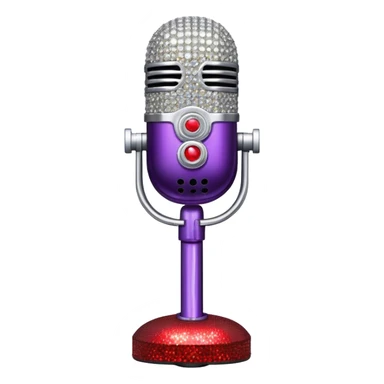 Create a glamorous and vibrant emoji representing stage vocal performance. The design should feature a humanless collage of classic vintage microphone, stage costume covered in rhinestones, large scene speakers, scene lights. The costume should be stylized, with glittering elements like sequins and sparkles, and reflect the glitzy, extravagant nature of show business. The microphone should have a sleek, retro look with chrome or metallic accents. Use rich, dazzling colors like gold, silver, deep purple, and bright red to evoke the glamorous, larger-than-life feel of a stage performance. The background should be transparent. sticker