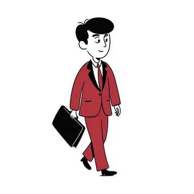 A businessman in a crimson suit with a briefcase sticker