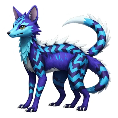 starry sparky fizzy Black-Dark-Vortexed Lightning-strike-zig-zag-patterned striking indigo-violet-blue-cyan-gradiented with dark undertones, white underside, thunderous stormy edgy badass realistic Vernid-Sergal-Genet-Trico-species by LiLaiRa, random markings, tufted tail, tufted ears, full body sticker