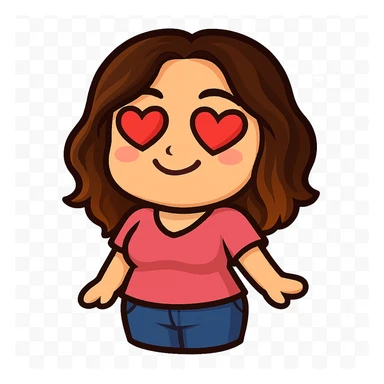 Sticker style chibi emote, matching the attached green heart emote as a base, but with a slightly skinnier body and a bigger chest. Woman from reference, pink t-shirt and blue jeans, heart eyes, cute loving face, no headband, no wand, no green heart, transparent background. Top color should not match jeans. sticker