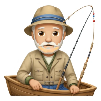 an old white haired, bearded man in fisherman attire, sat in a big boat on the ocean, casting a fishing line into the water sticker