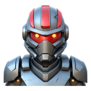 futuristic war robot portrait, head and shoulders only, aggressive design, sharp armor edges, glowing red eyes, battle-damaged helmet faceplate, heavy armor collar, intense dramatic lighting, sci-fi metal textures, 3D cartoon, mobile game icon style, clean background, no text, no watermark
 sticker