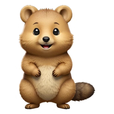 cinematic-quokka-realistic-full-body-standing-emoji,-small-round-frame-balanced-on-tiny-strong-hind-legs,giant fluffy cheeks large smile-fluffy-brown-fur-radiating-a-warm-softness,-big-round-eyes-filled-with-joy-and-innocence,-tiny-clawed-paws-held-close-to-chest,-cheerful-smile-exuding-endearing-happiness,-simplified-yet-realistic-focused-features,-highly-detailed,-glowing-with-a-sunny-warmth sticker