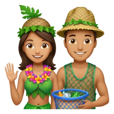 Hawaiian woman man with leaf hat and big trash net and colorful cloth sticker