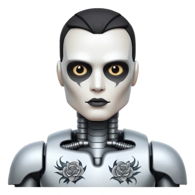black metal Tatooed robot, big many tatooes on chest, neck and face, white tatoo on face sticker