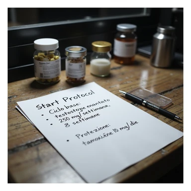 Gym desk with bodybuilding cycle start protocol written on a sheet: 'Ciclo base: testosterone enantato 250 mg/settimana, 8 settimane, protezione: tamoxifene 10 mg/die', next to supplements and a pen, professional atmosphere, hyperrealistic 4K details. sticker