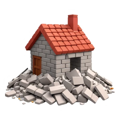 3D iPhone style emoji of a pile of bricks, roof pieces, and wall rubble, scattered and broken, isolated on white background, soft shadows, high detail, playful and cute sticker
