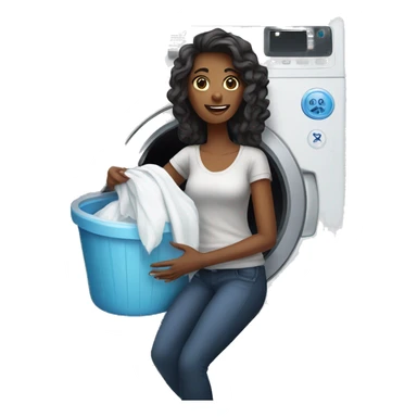 a woman in her 30s doing laundry in front of a washing machine sticker