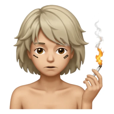 stressed emoji looking down shaking head wearing a disheveled wig with a cigarette in hand sticker