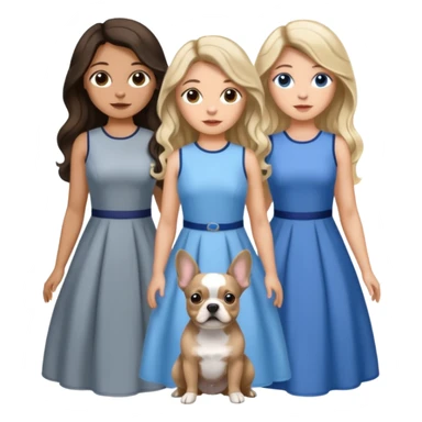 Three women in isolated dresses, brown eyed light skin with dark blonde long hair and Brown eyed light skin black long wavy hair and blue eyed light skin long blonde hair with gray Merle Frenchie sticker