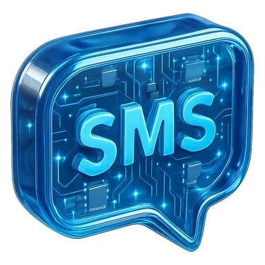 SMS icon, glossy circuit-themed, blue glowing accents, transparent background sticker