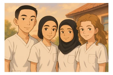 Four nursing students standing side by side in a warm atmosphere, styled in Ghibli. They wear white short-sleeve uniforms without collars, no undershirts or stethoscopes. Tops are medical tunics with V-necks and a chest pocket on the left side. Faces and attitudes inspired by the four provided photos, with a different composition. sticker