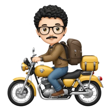 A young boy DEVELOPER WITH A backpack, black curly short hair, wearing glasses, a thin mustache, his skin is white, riding a motorcycle sticker