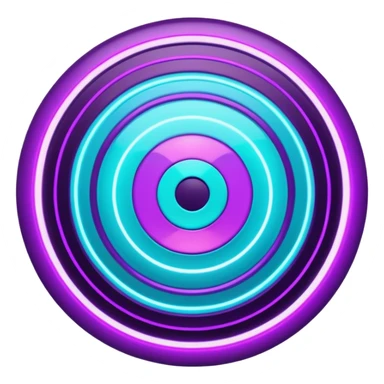 Futuristic glowing bullseye target emoji, neon purple and cyan holographic glow, dark background, digital tech style, abstract sparkles, no face. sticker