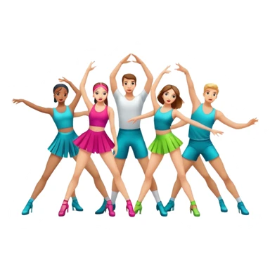 Icon for Contemporary Dance: a synchronized guys and girls group performance on stage with backup dancers in bright, modern outfits and dynamic lighting. The icon should capture the energy and coordination of a dance routine, with a focus on movement and stage presence. Transparent background. sticker
