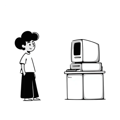 A young guy with a confused expression staring at a vintage desktop computer with bulky CRT monitor and old tower sticker
