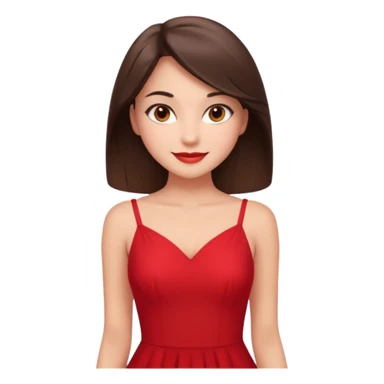 Cartoon emoji of a young brunette woman with fair-medium skin, brown eyes, wearing a red outfit. Full-height, standing confidently in a red dress  posing sexy with a smile and relaxed posture. Smooth, friendly, stylized, make up on, flirty eyes and smile in a sexy position  sticker