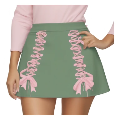 Sage green a-line mini skirt with pink lace up on the sides and bows and embroidery, isolated sticker