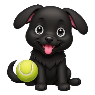 Cute emoji-style illustration of a happy black dog playing with a tennis ball, shiny black fur, joyful expression with tongue out, big expressive eyes, playful pose, vibrant colors, smooth clean lines, high resolution, sticker-style, transparent background sticker