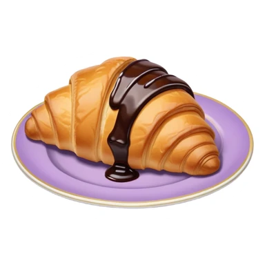 There's a croissant with chocolate syrup in a vintage pale purple plate. sticker