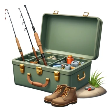 Icon for Fishing: a boat on the shore of a peaceful water body with a beautiful natural landscape, a fishing tackle box, a spinning rod, and boots nearby. The icon should capture the tranquility and gear of a fishing adventure. Without frame. Transparent background. sticker