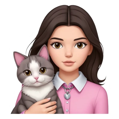 brunette Kendall Jenner with long hair holding on the hands a grey white cat  in pink collar sticker
