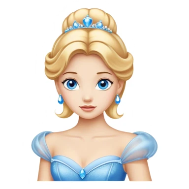 Cinematic Realistic Comical Cinderella Portrait, with every detail rendered realistically—from the soft, smooth texture of her fair skin to her artfully styled golden-blonde hair. Her bright blue eyes are wide with playful disbelief, and her expression carries a touch of whimsical humor while retaining elegant poise. Her classic ball gown, detailed with rich fabric textures and natural shadows, catches the light in a way that blends refined beauty with a hint of cheeky mischief, creating a striking, lifelike portrayal. sticker