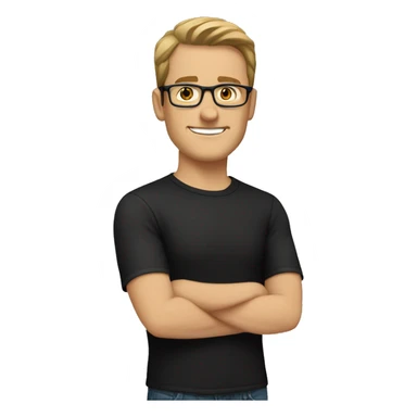 white man with short light brown hair, brown eyes, and glasses wearing a black t-shirt sticker