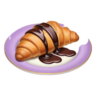 There's a croissant with chocolate syrup in a vintage pale purple plate. sticker