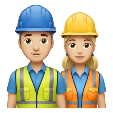 Um homem e uma mulher amarelos com capacete de obras ambos azul escuro e camisa social cinza com faixas refletivas verdes nos braços, Um deles deve estar segurando um megafone sticker