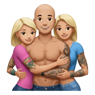 throuple tattooed sleeves bbald male with topless naked big boobed brunette and topless naked big boobed blonde girlfriends  loving  and sexy polygamy sticker