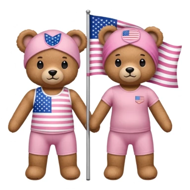 A light brown teddy bear wearing light pink clothes with a US flag print, and another with a Pilates band on its head and wearing sportswear. sticker