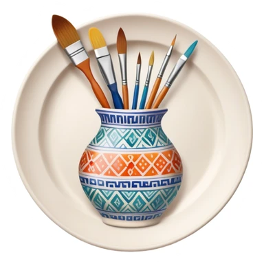 Ceramic painting icon, hand-painted ceramic plate or vase with intricate patterns, visible paintbrush, paint pots, and ceramic tools, colorful glaze, no finished artwork, just the painting process, minimalistic style, clean lines, transparent background. sticker
