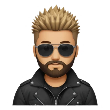 biker gang with black sunglass and rugged and bulky guy bearded spicks hair black jacket sticker