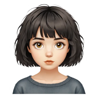 woman with editorial short french bob haircut tousled textured messy wavy hair short straight-across blunt baby bangs very messy hair sticker