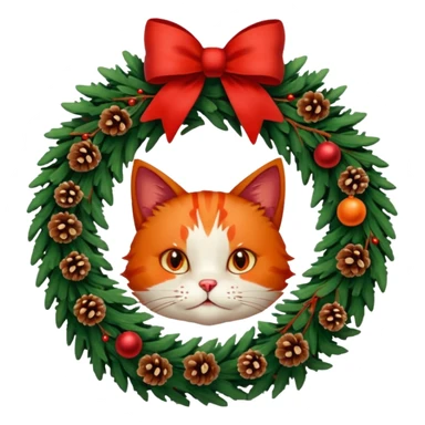 A Christmas wreath made entirely of fir trees, decorated with a red bow at the bottom, pine cones and Christmas tree balls, and a cat poking its face through the hole in the center. sticker