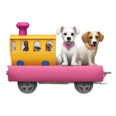 A dog riding a fabric train with yellow cabins and a pink headDog riding a train made of fabric sticker