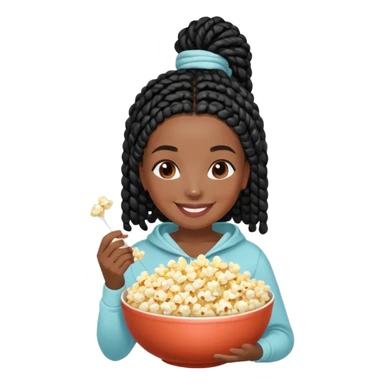 A dark-skinned Black woman with black box braids, holding a large bowl of popcorn in her lap, smiling or laughing, wearing comfy loungewear. sticker