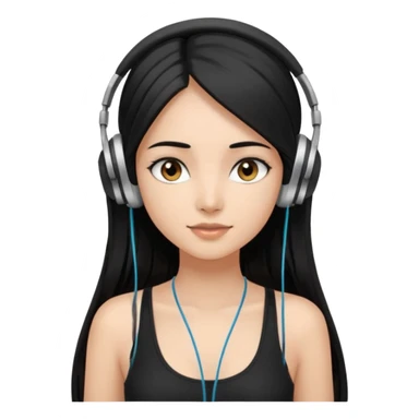a fair indian girl with straight black long hair, wearing a black cami top. and wearing silver  headphones on sticker