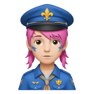 scout boy long hair face tatooes pink haired, wearing blue uniform with hat sticker
